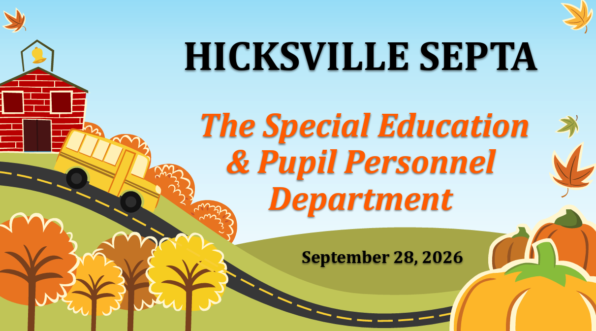 A digital banner for Hicksville SEPTA with an autumn theme, featuring pumpkins, a schoolhouse, and a yellow bus.